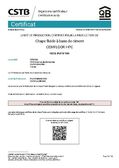 Certificat CSTB - Chape Fluide CEMFLOOR HPC photo